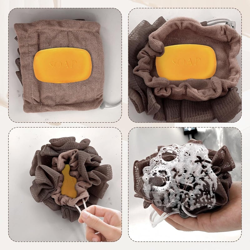 PKRFCJ 3 Pcs Soap Bar Loofah, 2 in 1 Bar Soap Loofah Pouch Can Hold Soap Effective Exfoliation for Bathing (Green+ Coffee Brown+ Purple) - Image 3
